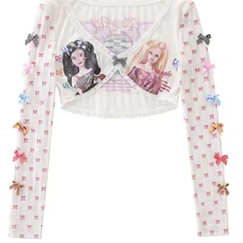 Harajuku White Long Sleeve Crop Top with Bow Accents